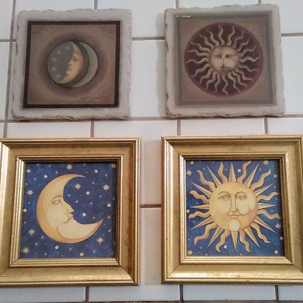 Lot of 2 Celestial Astronomy Whimsical Sun Moon Wall Decor Plaque Sets